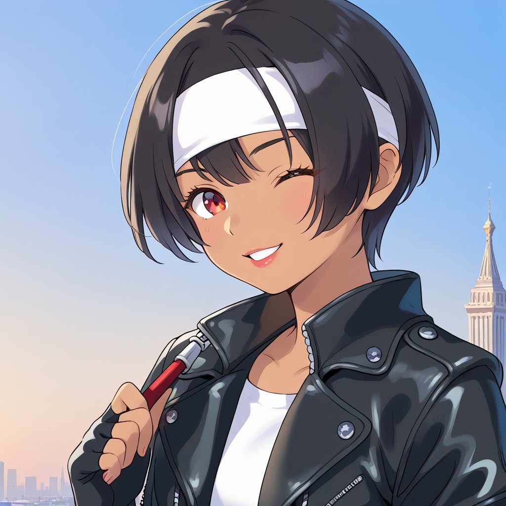 (masterpiece, top quality:1.3), young woman, 19 years old, solo, mature face, tanned skin, slender figure, (short cut black hair, with bangs:1.2), red eyes, one eye closed, winking, smiling, (( black leather jacket with rolled up sleeves )), fingerless gloves white T-shirt, ((white headband)), open jacket, black pants, white shoes, brown belt, ((holding lipstick to lips)), upper body, close, city in background
