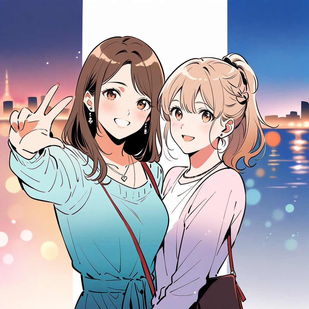 A detailed and high-resolution masterpiece of a city background with skyscrapers at night, in the style of a Sargent watercolor and anime art, featuring a profile view of a beautiful woman with a gentle smile. She has medium short dark brown braided hair, wears a suit jacket and a long-sleeve top. Three young women with light brown hair and casual clothes, laughing together in dynamic poses, elegant update with a short bob. Bright colors, bokeh, professional lighting, physically-based rendering, flat color:0.8, Makoto Shinkai style, delicate and highly detailed illustration, realistic:1.37, masterpiece:1.2, breaking through the blue sky, detailed background, 20-year-old woman with a shy smile, teeth clenching, lips, cheeks (dark brown hair), front bangs, cheeks (direction), wearing a necklace and earrings, taking a selfie, full-body, brown braided hair, hairband, long hair, ponytail, medium short, wearing a necklace, barrette, ribbon, earrings, manicure, shoulder bag.