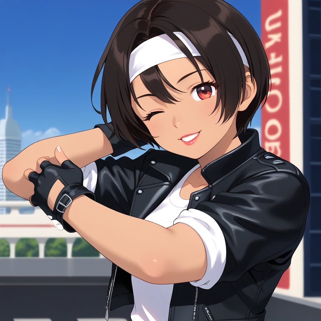 (masterpiece, top quality:1.3), young woman, 19 years old, solo, mature face, tanned skin, slender figure, (short cut black hair, with bangs:1.2), red eyes, one eye closed, winking, smiling, (( black leather jacket with rolled up sleeves )), fingerless gloves white T-shirt, ((white headband)), open jacket, black pants, white shoes, brown belt, ((holding lipstick to lips)), upper body, close, city in background
