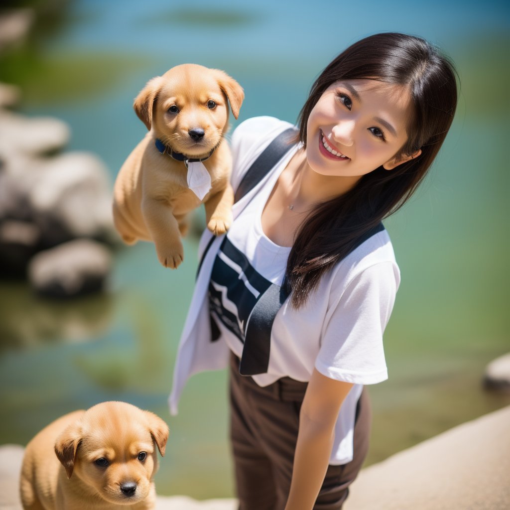 Flowing with crystal clear water,beautiful mountain in background々,(Girl taking a walk with a puppy:1.3),(Shiba dog:1.3),Have a lead,Very Big White T-Shirt,Cargo pants, gently smiling、(beautiful a girl)、(short hair of red-brown color、hair pin、poneyTail、Floating hair、)Colossal tits、A smile that beguiles the viewer、Look into the photographer、skin glistening with sweat、gazing at viewer,pointed red mouth,Perfect round face,,Proper body proportion,Intricate details,Very delicate and beautiful hair,photos realistic,Dreamy,Professional Lighting,realistic shadow,Beautiful hands,Beautiful fingers,Detailed finger features,Detailed arm functions,detailed clothes features,Detailed hair features,detailed facial features,(masutepiece,top-quality,Ultra-high resolution output image,) ,(The 8k quality,),(Image Mode Ultra HD,)