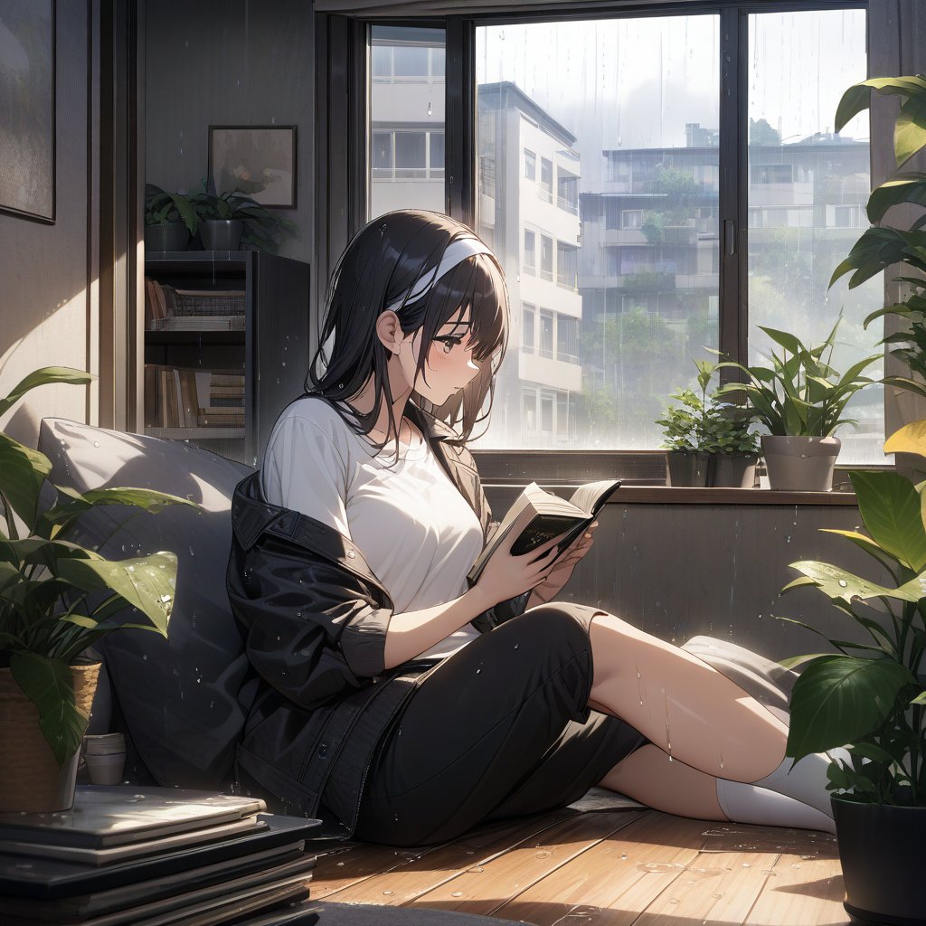 ((rainy day)),  (water on window)),  cozy apartment with plants by KUSANAGI on Tensor.Art