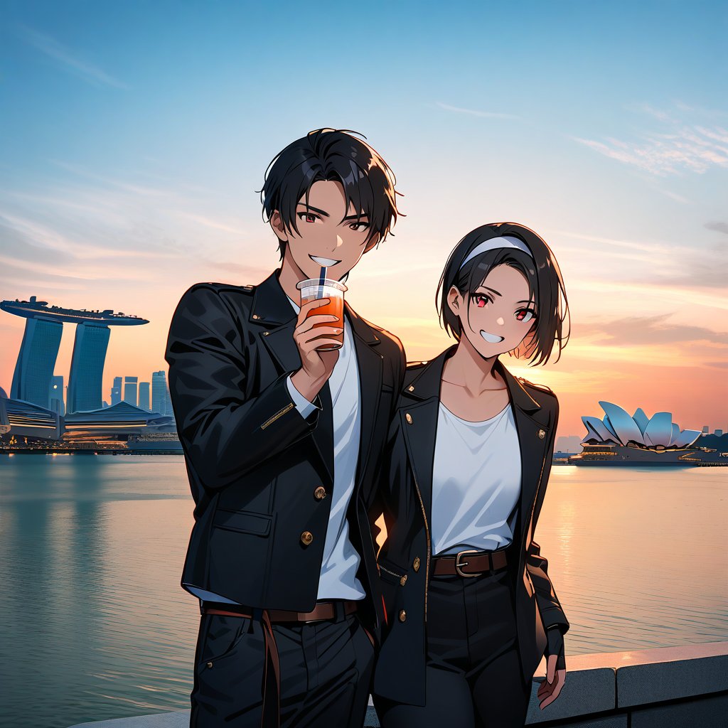 Color Changing, Two People, Short Cut, Dark Skin, Red Eyes, ((Armless Black Jacket)), Fingerless Gloves, Black Hair, White T-shirt, ((White Headband)), Black Pants, White Shoes, Brown Belt, Handsome, Photo, Attractive, Masterpiece, High Resolution, Detailed Face, Fine Grain, Confident Smile , Sentosa Island background , Singapore, man and woman, smiling showing white teeth, man and woman same hairstyle and clothes, peace sign, blue sky, drinking juice, Day,