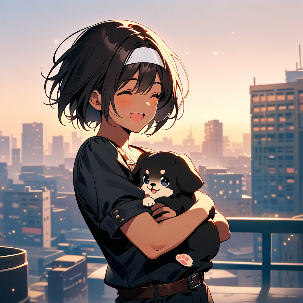 Holding a small puppy. The scene should create a heartwarming and calm atmosphere,  perhaps placed in a bright and warm en...