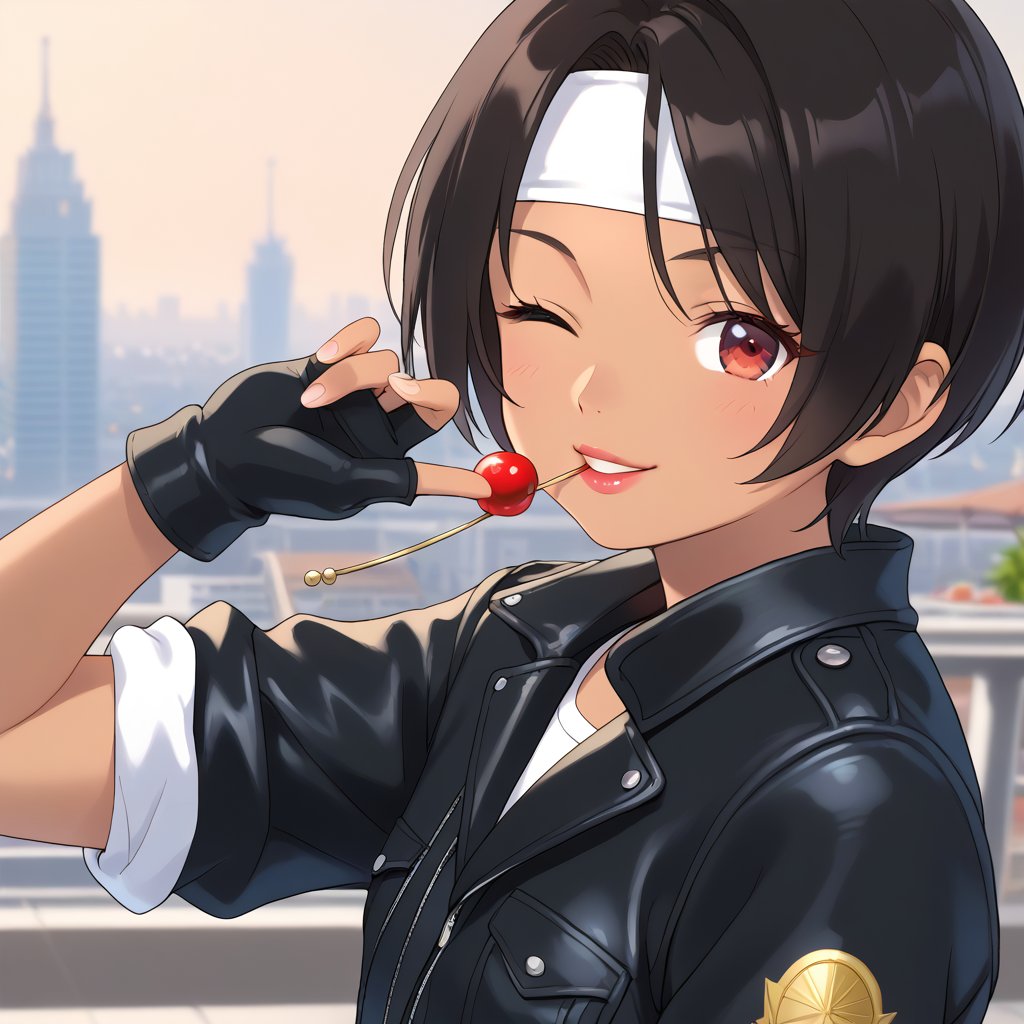 (masterpiece, top quality:1.3), young woman, 19 years old, solo, mature face, tanned skin, slender figure, (short cut black hair, with bangs:1.2), red eyes, one eye closed, winking, smiling, (( black leather jacket with rolled up sleeves )), fingerless gloves white T-shirt, ((white headband)), open jacket, black pants, white shoes, brown belt, ((holding lipstick to lips)), upper body, close, city in background
