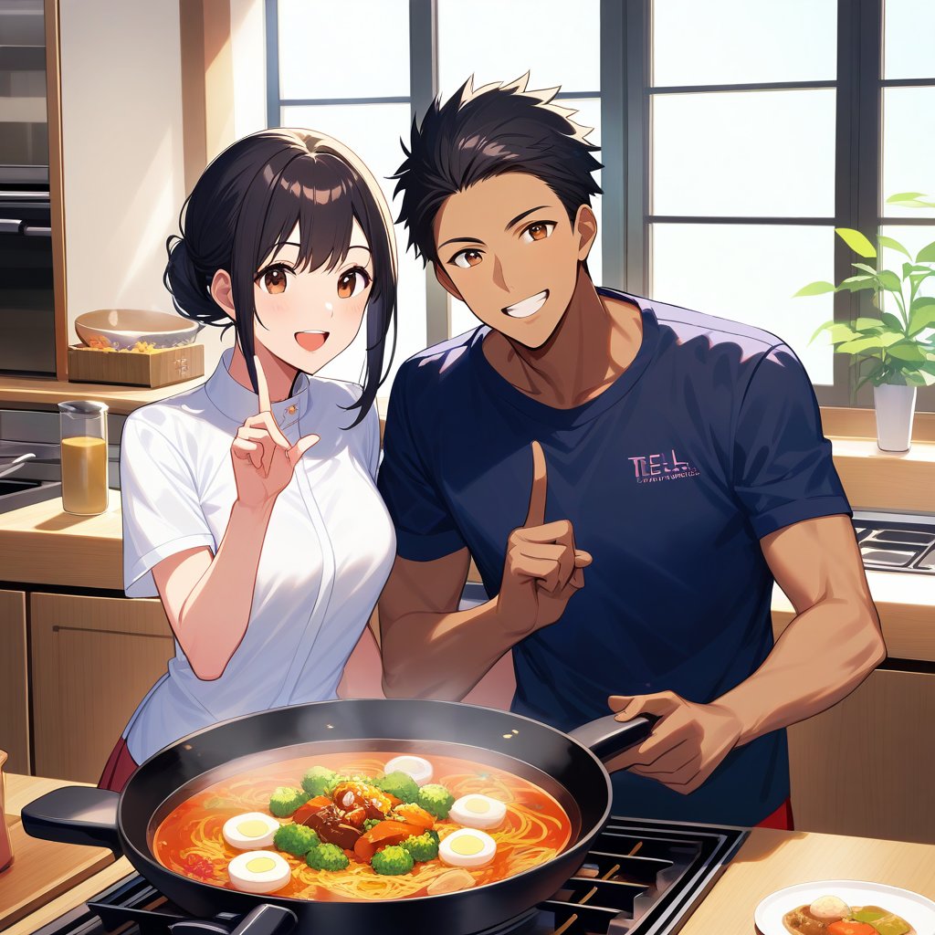 A confident smile, Home kitchen with large windows,Happy young couple,Smiling children,短いBlack Hair, Brown eyes,Brown Skin,When two students are talking、He is making a gesture that resembles a peace sign. (Tele from the restaurant), skirt, Black Hair, indoor, Cooking Japanese food, shirt, ((((Complete faithful finger))))