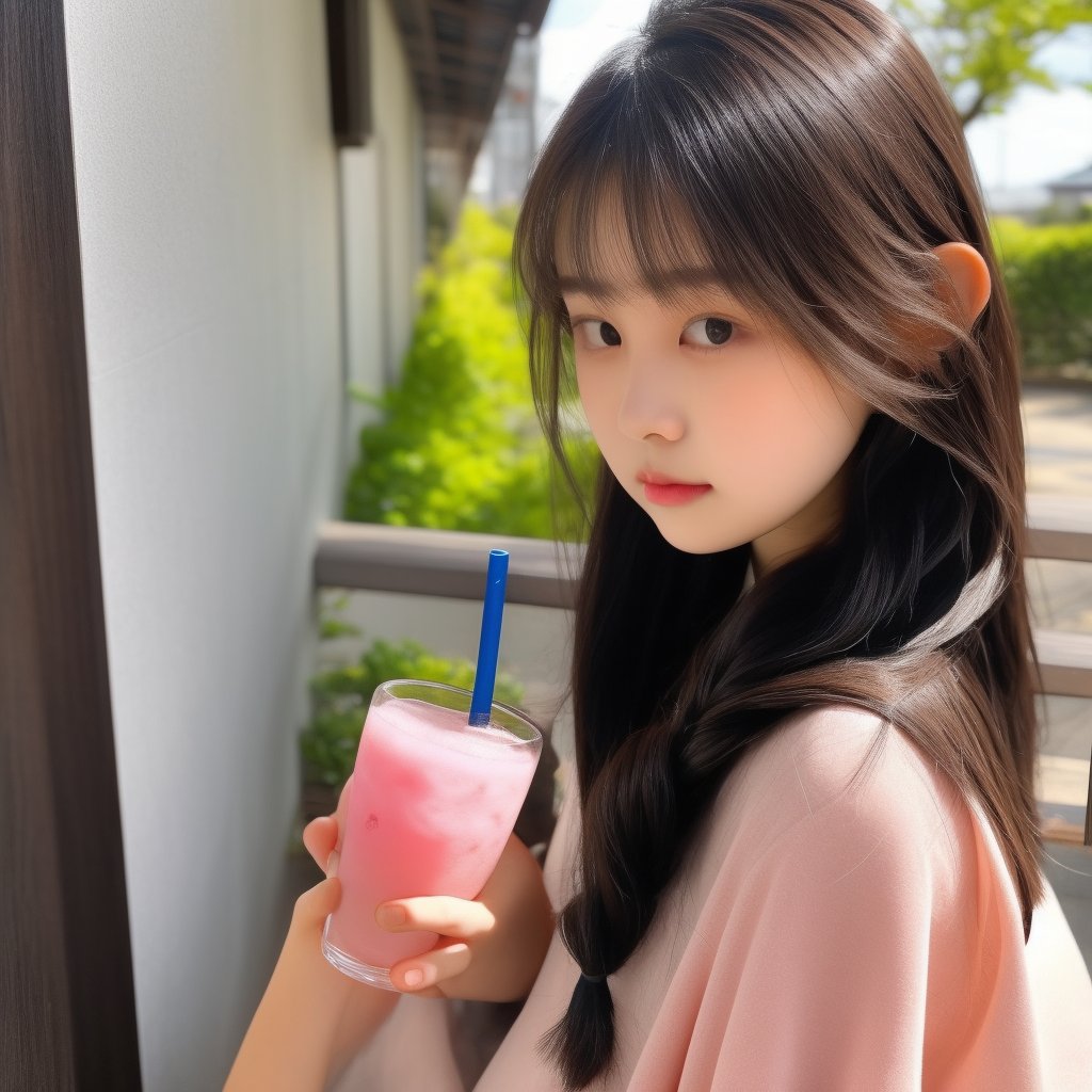 A cute and beautiful young girl with a cute beautiful face,  an ulzzang style,  holding a pink drink and wearing a backpac...