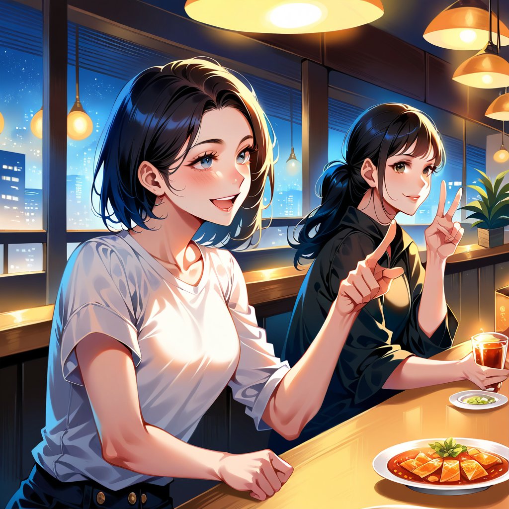 Two students with confident smiles, enjoying a meal while admiring a beautiful night view, talking near the restaurant and making a thumbs-up gesture, wearing slacks and skirts, with black hair, indoors, sitting at the counter, wearing shirts, ((((fully realistic fingers))))