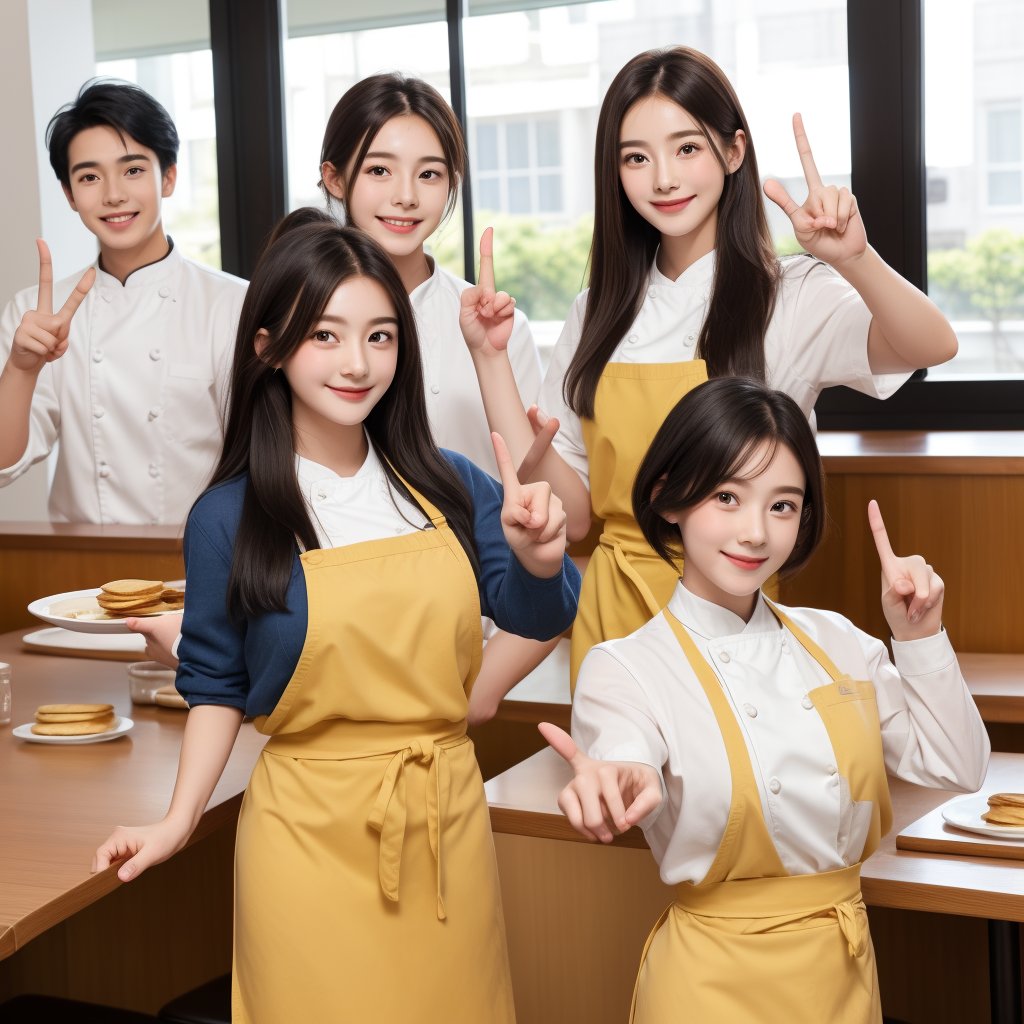 A confident smile, Home kitchen with large windows,Smiling children and their mothers,短いBlack Hair, Brown eyes,Brown Skin,When two students are talking、He is making a gesture that resembles a peace sign. (Tele from the restaurant), skirt, Black Hair, indoor, Make pancakes, shirt, ((((Complete faithful finger))))