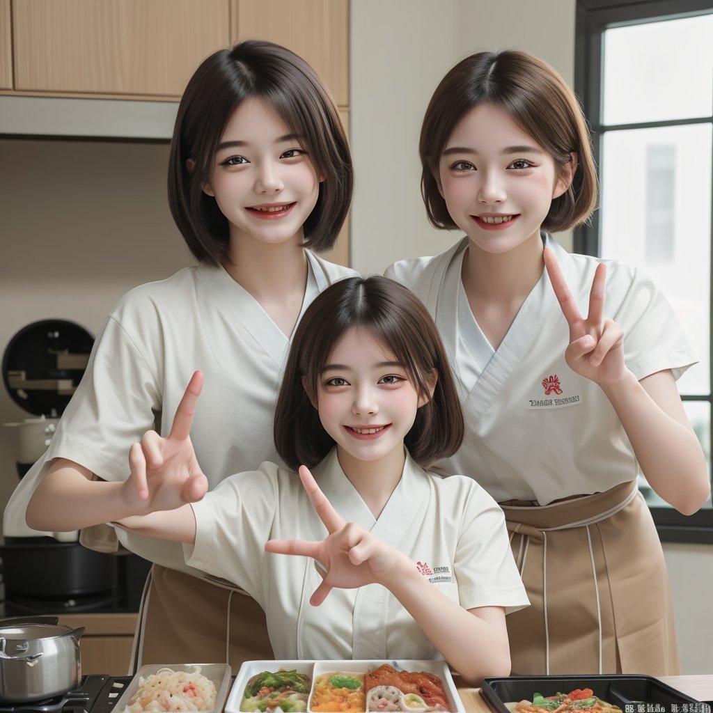 ((Best quality, 8K, Masterpiece:1.3)), young man and woman, confident smiles, in kitchen with large windows, having fun, making Japanese food, smiling children, talking, peace sign gestures, short black hair, brown eyes, brown skin, students, shirts and skirts, indoor, highly detailed faces, highly detailed fingers
