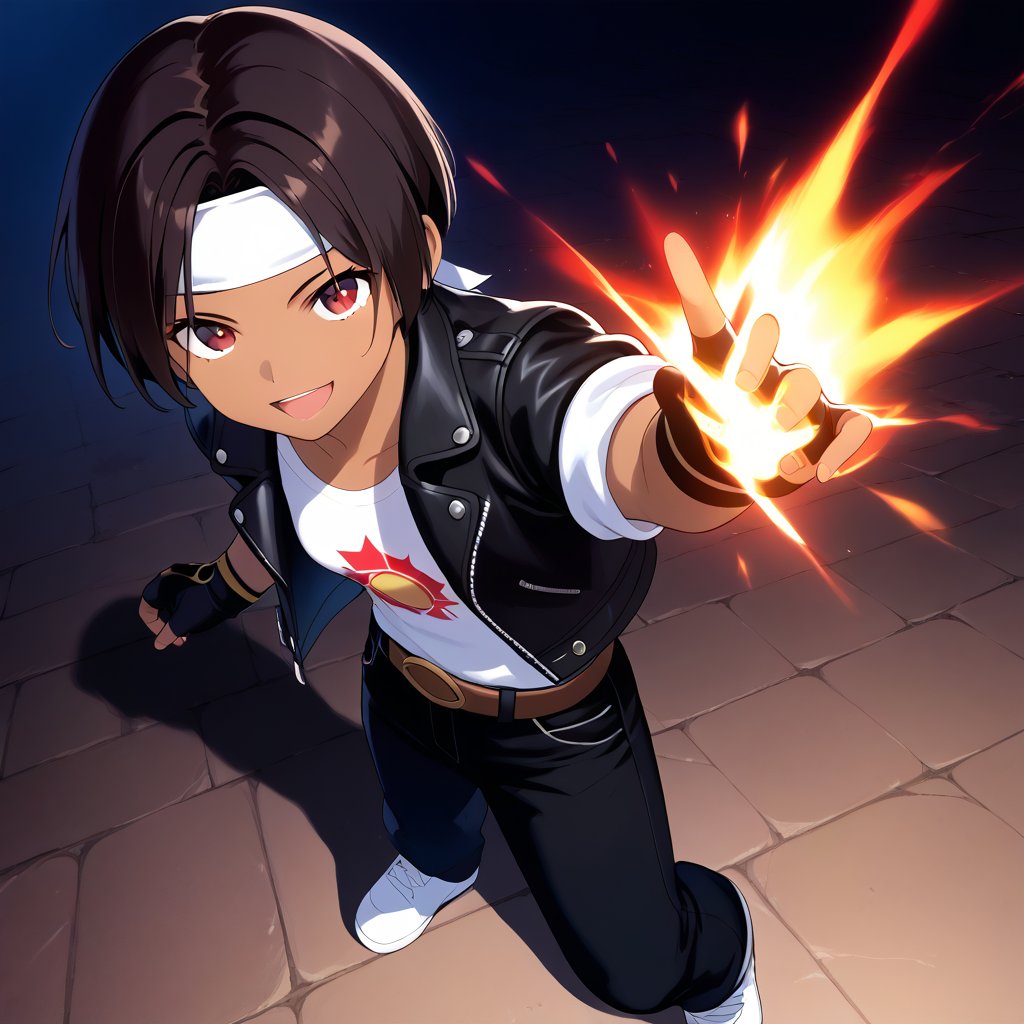 (masterpiece, top quality, official art:1.2), perfect anatomy, staring at viewer, one girl, alone, (modern city background), ultra-precision illustration, finely detailed, dynamic angles, individual beautiful details, 8k, anime style, dark hair,short cut, dark skin black leather jacket with rolled up arms), fingerless gloves, white T-shirt, (( white headband )), open jacket, black pants, white shoes, brown belt, ((glowing red eyes, more beautiful face)), breaking, dynamic angle, full body shot, smiling in colorful scene, ((black leather jacket with rolled up arms)), fingerless gloves, white T-shirt, (( white headband )), open jacket, black pants, white shoes, brown belt