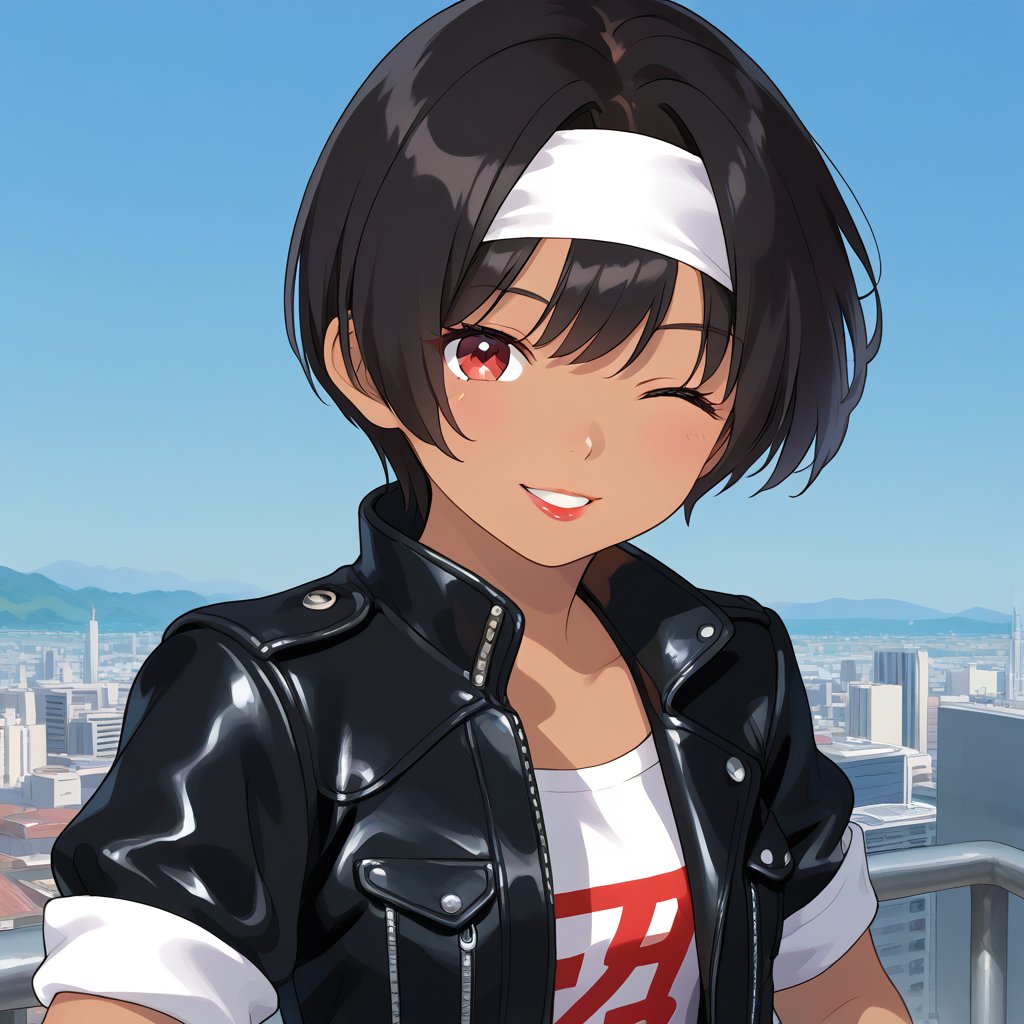 (masterpiece, top quality:1.3), young woman, 19 years old, solo, mature face, tanned skin, slender figure, (short cut black hair, with bangs:1.2), red eyes, one eye closed, winking, smiling, (( black leather jacket with rolled up sleeves )), fingerless gloves white T-shirt, ((white headband)), open jacket, black pants, white shoes, brown belt, ((holding lipstick to lips)), upper body, close, city in background
