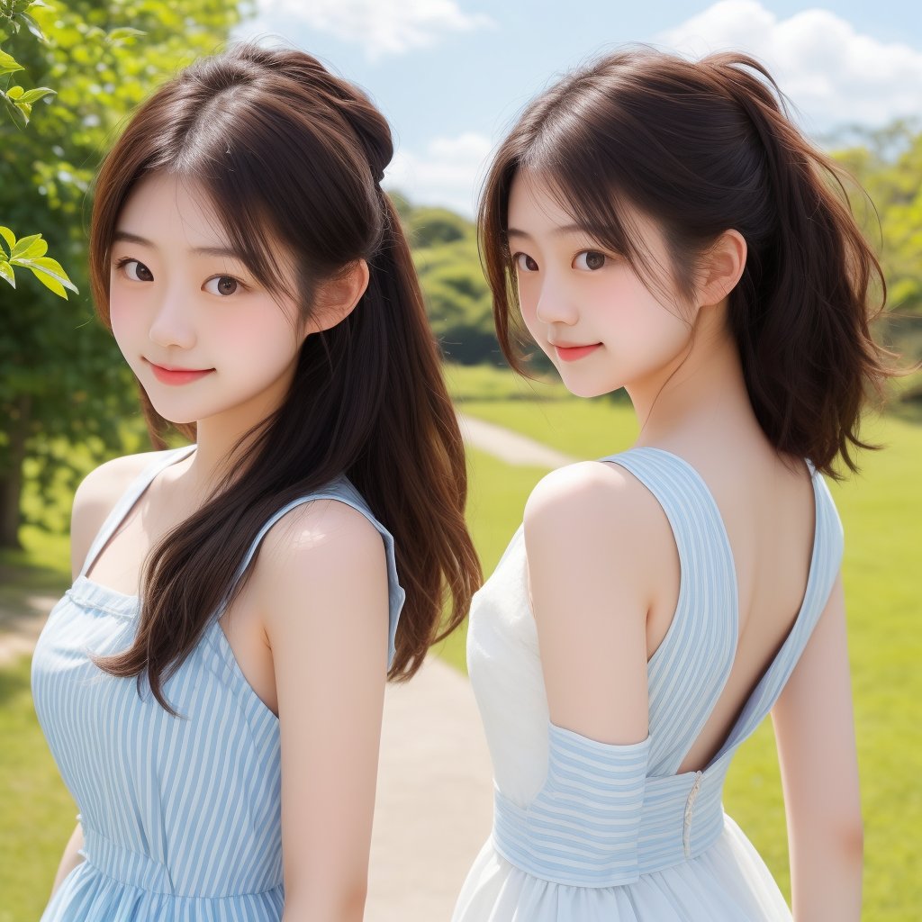 Two Japanese girls resembling Shiraishi Mei, 18 years old, with kind smiles, long dark brown hair, realistic high-quality photo, detailed faces, strong sunlight, blue sky with white clouds, detailed background, diffused sunlight, depth of field, bokeh (highest quality: 1.2), (masterpiece: 1.2), wearing white-themed dresses with light blue stripes, back view