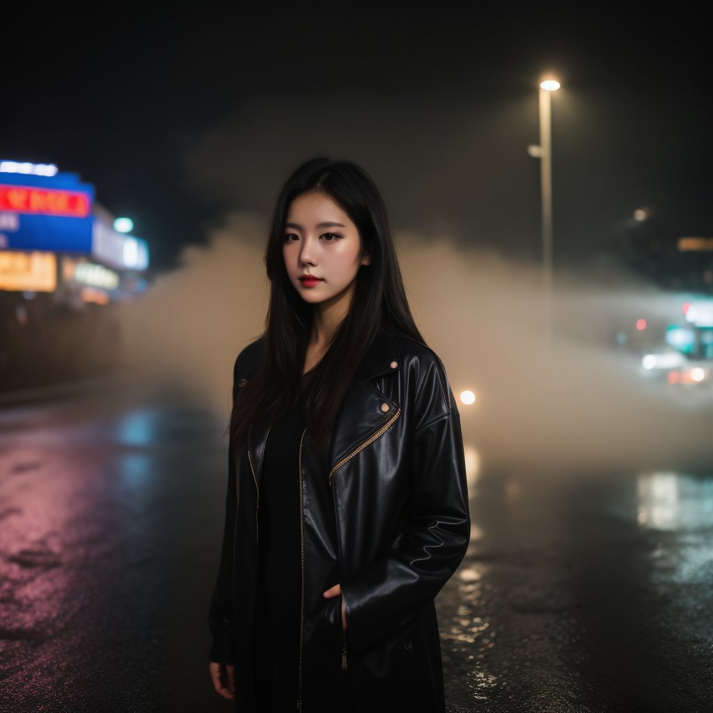 A beautiful woman standing on a bustling city street at night,  neon lights reflecting off the wet pavement,  fog creating...