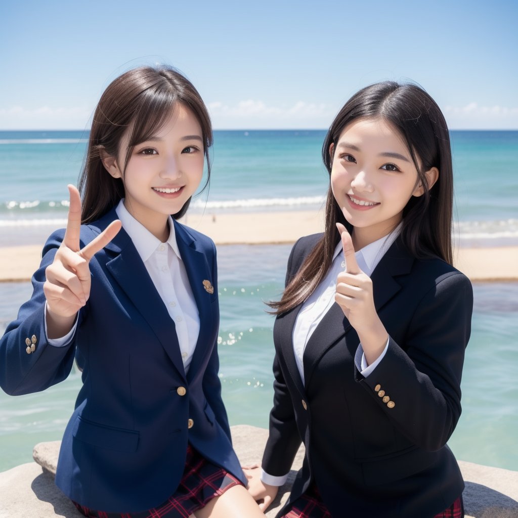 A confident smile, Enjoy the view of the ocean under a beautiful blue sky,2 students、While talking near the beach、This gesture is、Similar to Peace Sign, Black Hair, Blue Blazer Uniform, skirt, shirt, ((((Complete faithful finger))))