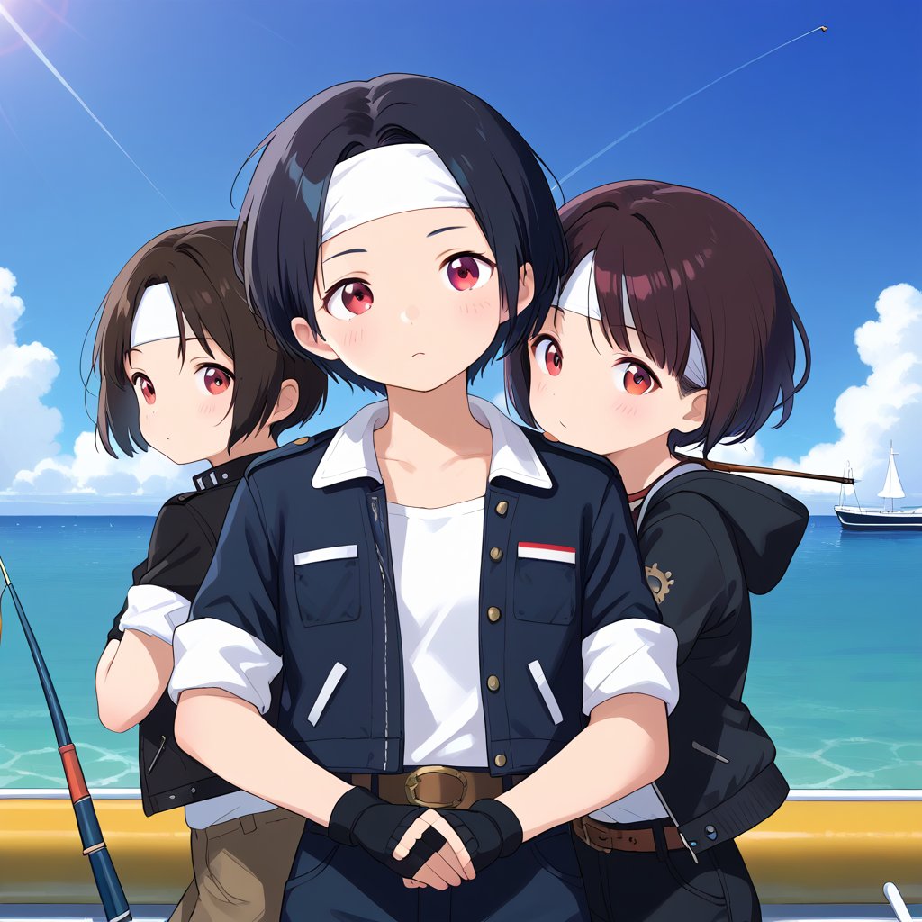 masterpiece, top quality, high resolution background, bright and beautiful atmosphere, 3 girls (2yrs, 1 short round face), 1 (dark hair, short cut, surface effect), red eyes, medium chest, ((black jacket with rolled up sleeves)), fingerless gloves, white t-shirt, (( white headband )), jacket open, black pants, white shoes, brown belt, girl on boat, boat in sea, (girl with fishing rod), (small fish on end of fishing rod), blue sky, morning, dog on boat, dog swimming in sea
