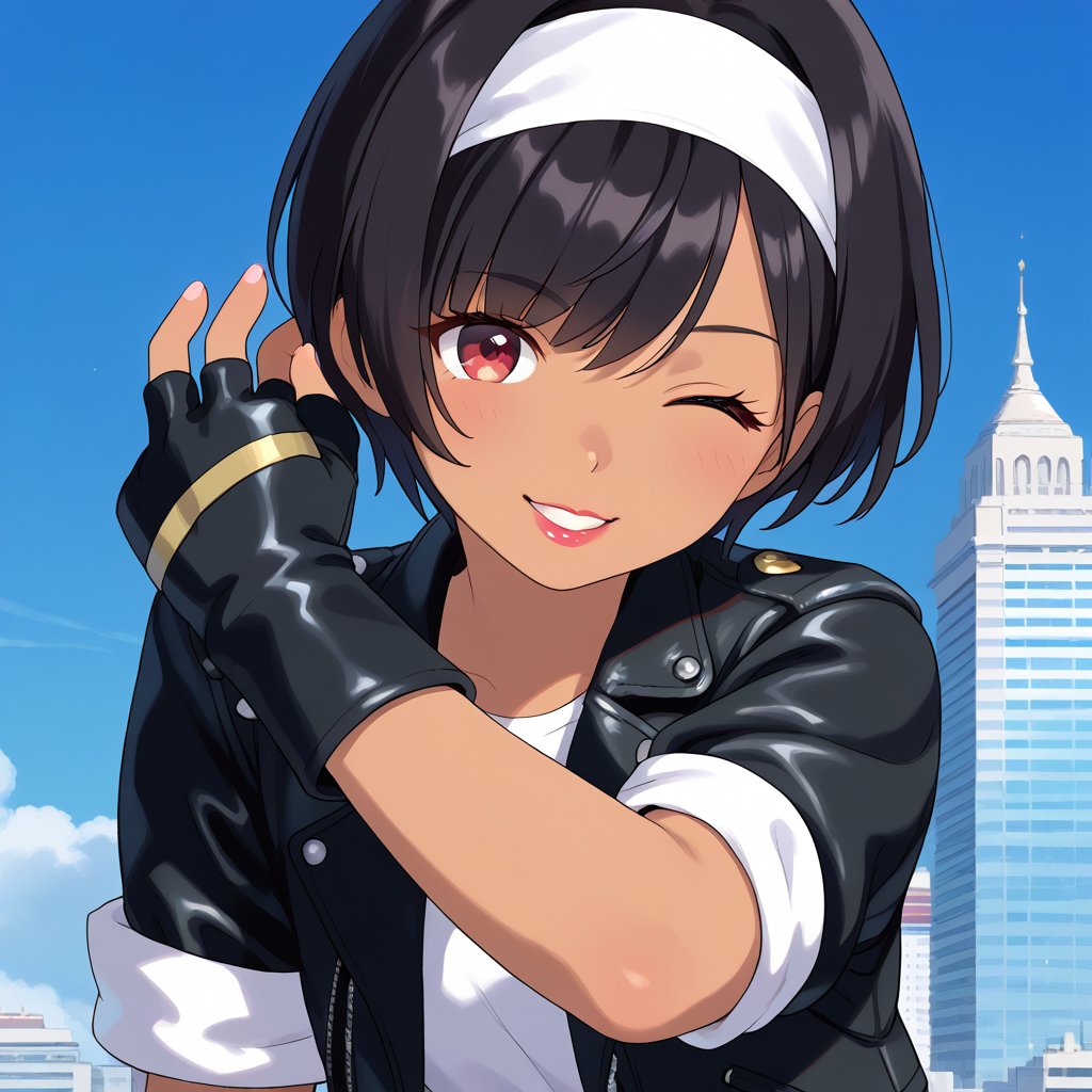 (masterpiece, top quality:1.3), young woman, 19 years old, solo, mature face, tanned skin, slender figure, (short cut black hair, with bangs:1.2), red eyes, one eye closed, winking, smiling, (( black leather jacket with rolled up sleeves )), fingerless gloves white T-shirt, ((white headband)), open jacket, black pants, white shoes, brown belt, ((holding lipstick to lips)), upper body, close, city in background
