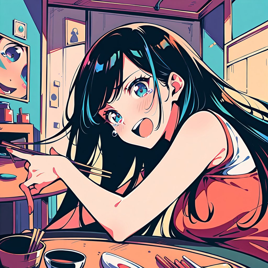 Masterpiece, best quality, embarrassed expression, very beautiful, surreal, modern, one girl, alone, teenager, black hair, long flowing hair, close-up of eyes, showing to the viewer, laughing, tears of joy, casual clothes, indoors, living room, sitting, (chopsticks on the table:1.3), vibrant colors, dynamic pose
