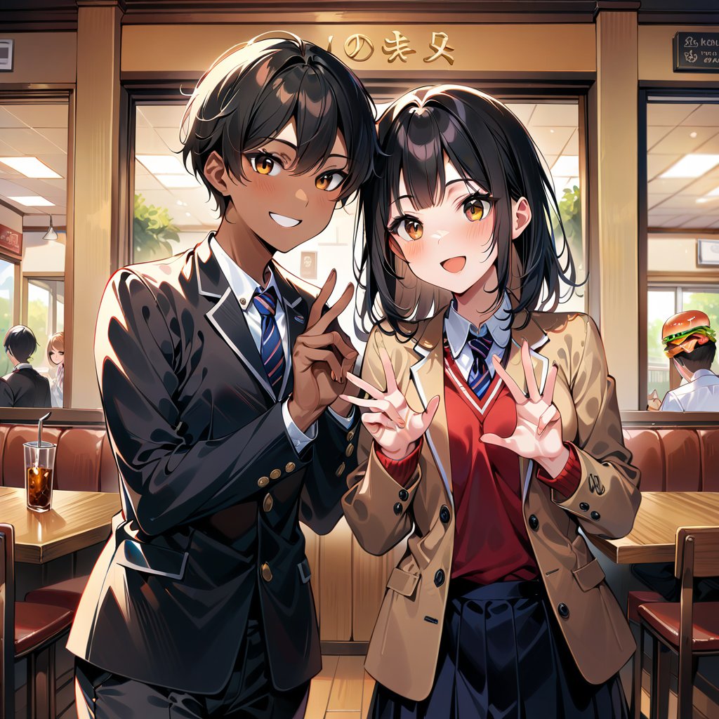 ((Best quality, 8K, Masterpiece:1.3)), couple, confident smiles, taking photo, after school, restaurant, having fun, peace sign gestures, short black hair, brown eyes, brown skin, students, uniforms, slacks, skirt, indoor, hamburger, highly detailed face and skin texture, highly detailed fingers