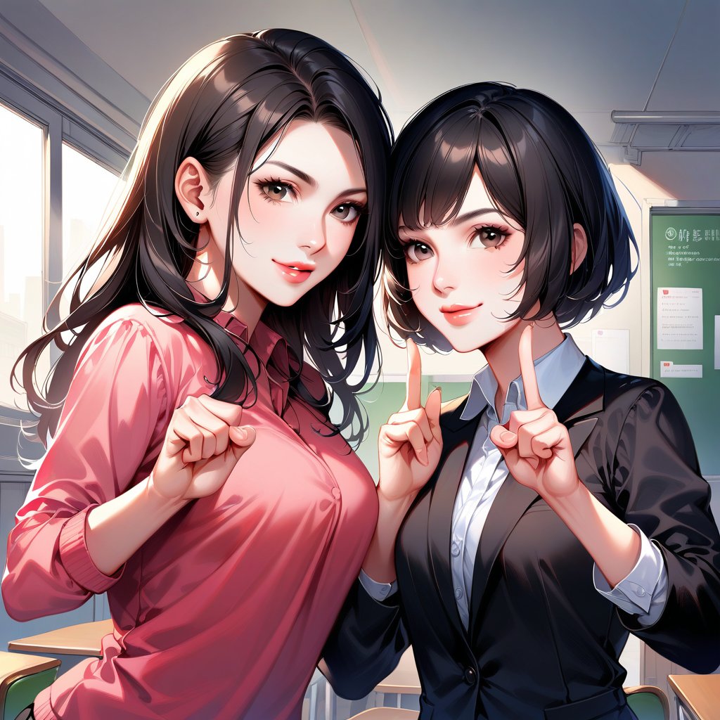 Two Japanese students with confident smiles, making a gesture commonly associated with a guts pose while a teacher is speaking in a classroom, wearing skirts, with black hair, indoors, holding smartphones, wearing shirts, ((((fully realistic fingers))))