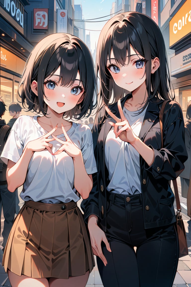 ((Best quality, 8K, Masterpiece:1.3)), two students, confident smiles, talking, using peace sign gestures, black hair, in city shopping area, slacks, skirt, shirts, highly detailed faces, highly detailed fingers