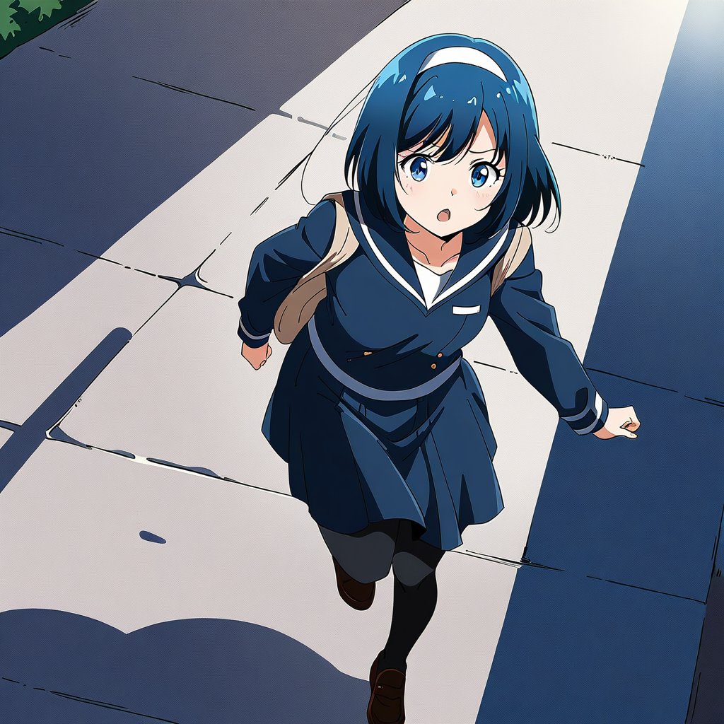 A realistic young anime high school girl with a bob cut, wearing a navy blue sailor uniform, seen from a high angle, running while eating bread, in a 2D anime rendering style, wearing a ((white headband)), in a (school setting), looking hurried, on her way to school