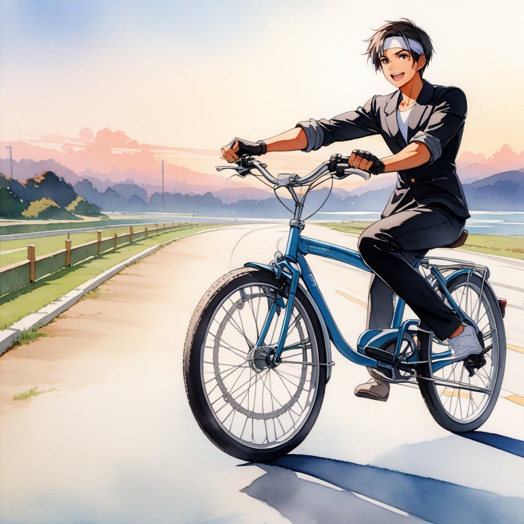 8k, best quality, masterpiece, ultra high resolution, ultra details: 1.2, ((Japanese schoolboy and schoolgirl)) riding a bicycle, ((black jacket with arms rolled up)), fingerless gloves, white T-shirt, ((white headband)), black pants, white shoes, brown belt, open mouth, smile, black shorthair, red eyes, dark skin, detailed bicycle, breaking, summer, early morning, (watercolor: 1.3) ,
