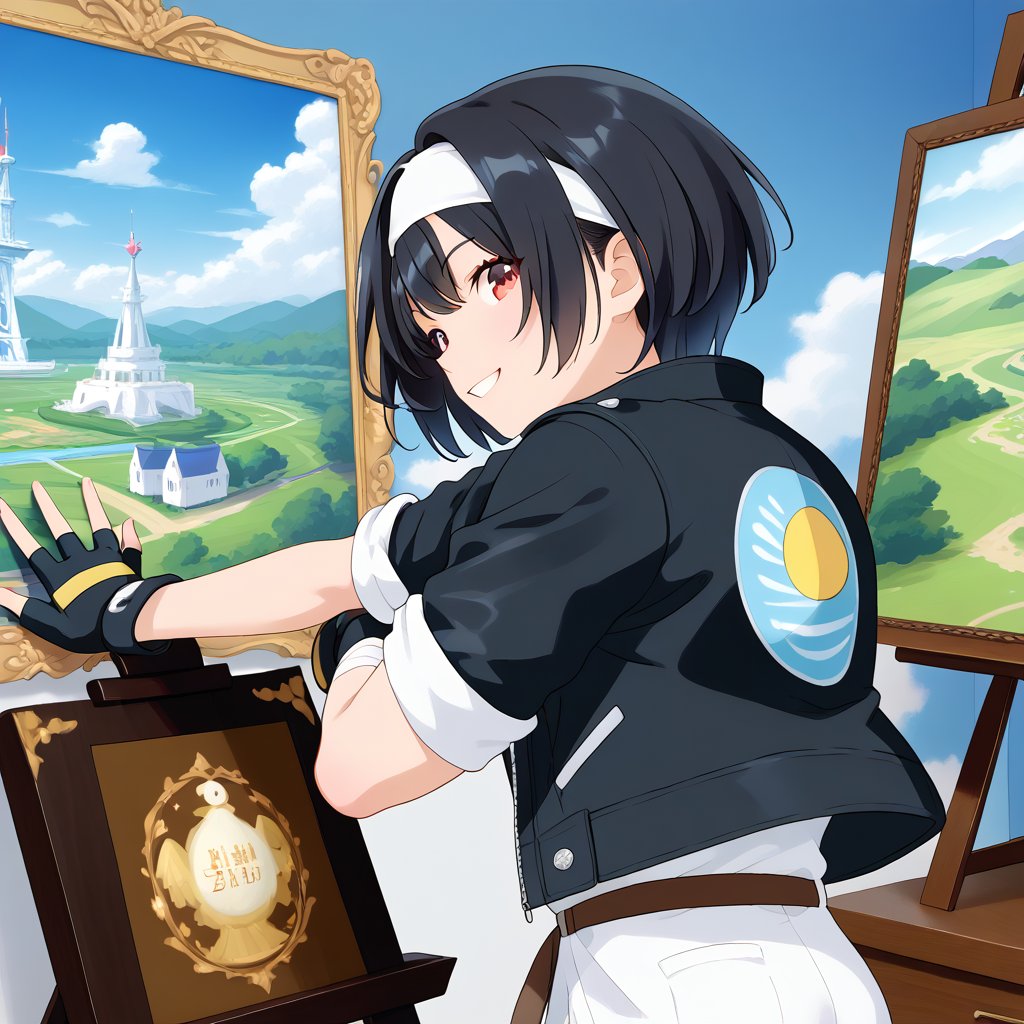 masterpiece, top quality, illustration, one person, mascot, standing, ((girl painting on canvas)), smiling, black hair , short cut, ((black jacket with rolled up arms)), ((white headband)), open jacket, white t-shirt, brown belt, black slacks black slacks, fingerless gloves, white sneakers, red eyes, blue sky,