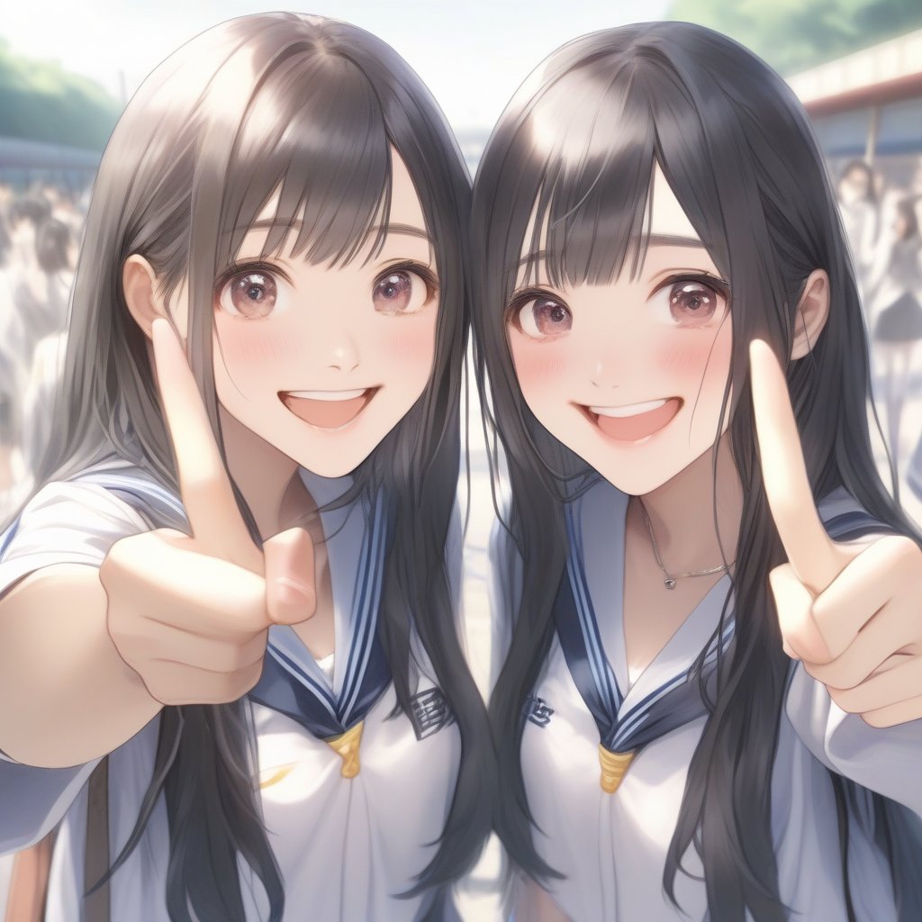 ((Best quality, 8K, Masterpiece:1.3)), Japanese high school girls, taking selfie, peace signs, smiling, Long Hair, Black Hair, (School:1.1), (Sunlight:1.1), Upper Body, detailed eyes, double eyelid
