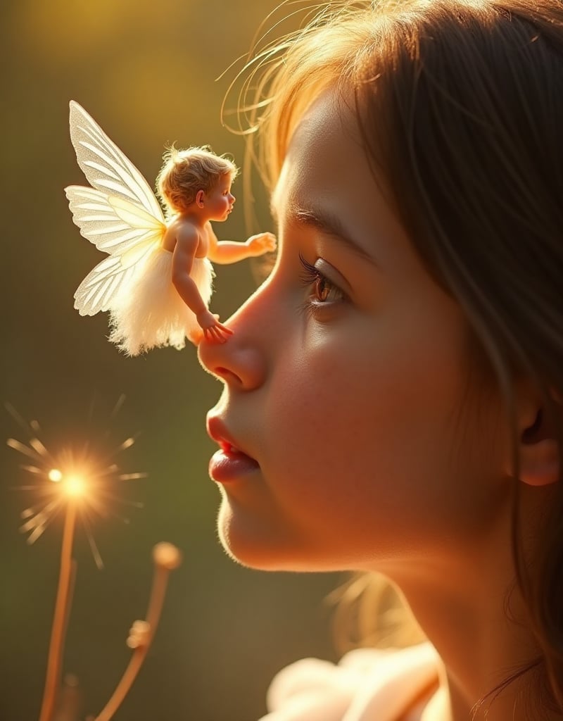 Soft focus on the serene features of a radiant teenage girl. Her porcelain skin glows under warm, golden lighting, as a delicate, wispy angel perches on the tip of her nose. The tiny guardian's wings, feathery and translucent, blend seamlessly with the girl's own wings sprouting from her back. In one hand, the angel cradles a glowing stick, its gentle hum illuminating the girl's face. Her eyes, like shimmering pools of moonlight, sparkle with wonder as she gazes upon the ethereal visitor.