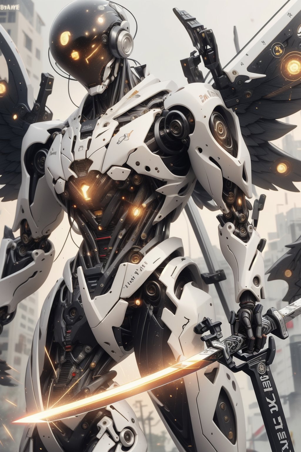 mecha, robot, no_humans, weapon, holding, sword, solo, wings, holding_weapon, mechanical_wings, beam_saber, v-fin, holding_sword, dual_wielding, science_fiction, grey_background, energy_sword, glowing