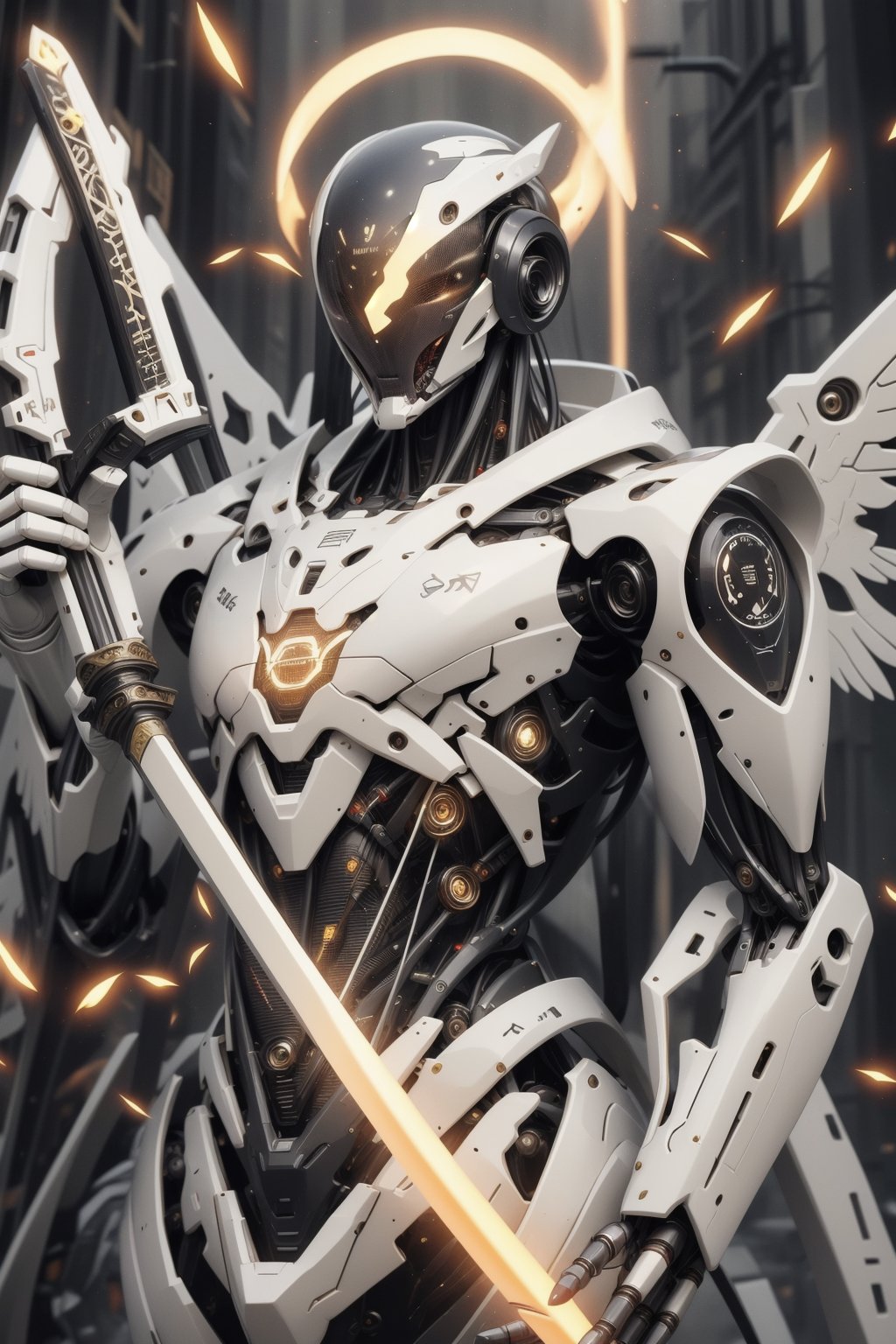 mecha, robot, no_humans, weapon, holding, sword, solo, wings, holding_weapon, mechanical_wings, beam_saber, v-fin, holding_sword, dual_wielding, science_fiction, grey_background, energy_sword, glowing