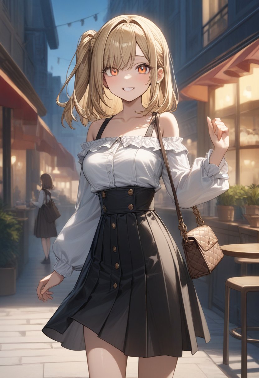 masterpiece, best quality, extremely detailed, high resolution, Japanese anime,1girl, blonde hair, swept bangs, one side up, medium hair, scarlet eye, (Slightly thin, Straight hanging eye), (beautiful detailed eyes:1.3), open mouth, grin, slender, busty, 16 -year-old, 162cm tall, original character, fantasy, beautiful fingers, BREAK (yellow off shoulder), (dark brown high waist skirt), (arched back:1.3), (holding 1brand bag:1.3), (cafe terrace background:1.3), full body, shoot from front, looking at viewer, medium shot