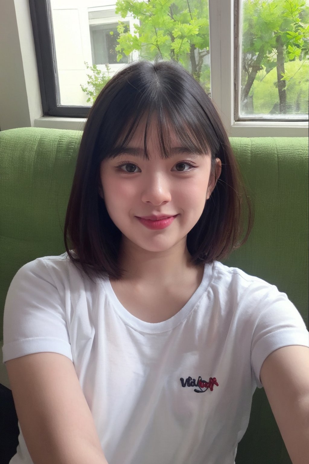 1girl, solo, looking at viewer, smile, bangs, shirt, black hair, closed mouth, white shirt, upper body, short sleeves, indoors, medium hair, black eyes, lips, window, t-shirt, realistic, nose