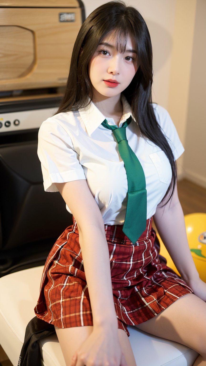 1girl, solo, long hair, looking at viewer, bangs, skirt, shirt, sitting, school uniform, yellow eyes, white shirt, green hair, necktie, collared shirt, blurry, plaid, blurry background, red skirt, plaid skirt, black necktie, realistic, c.c.