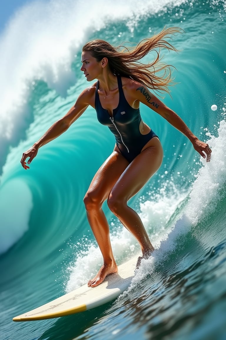  A breathtaking Olympic female surfer caught riding a massive wave. Her athletic body showcases both strength and grace, with long, toned legs that seem to stretch endlessly. Her lean, sculpted physique is accentuated by a form-fitting wetsuit, unzipped just enough to hint at her curves. She's captured in a dynamic pose atop her surfboard, body arched elegantly as she navigates the curl of the wave. Her muscular arms are extended for balance, every sinew defined, demonstrating power and control. Her sun-kissed face shows intense focus mixed with exhilaration, eyes locked on the wave ahead. Salt water droplets cling to her features, enhancing her natural beauty. Her long, wet hair streams behind her, adding to the sense of speed and motion. The background features a towering wave, its translucent blue-green waters contrasting with the surfer's board and wetsuit. Sprays of white foam accent the scene, emphasizing the wave's power. Use a vibrant color palette dominated by ocean blues and greens. Capture the juxtaposition of the surfer's feminine allure with her evident strength and skill, embodying the spirit of Olympic surfing. ,photorealistic:1.3, best quality, masterpiece,MikieHara,MagMix Girl