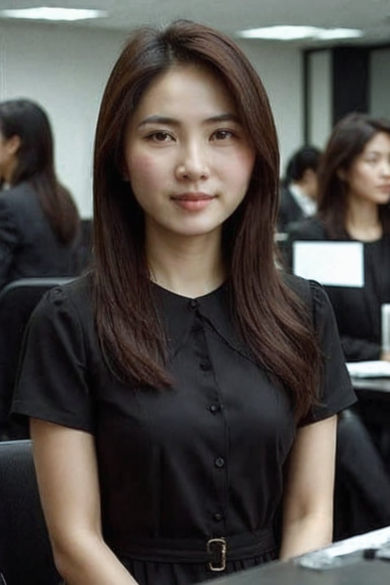 Alone, upper body shot front view head to waist only of slim pretty Asian woman, formal office dark dress, in office table IN SMALL conference, long brown hair, innocent look, crowd, more reasonable Details, fair skin,, Beauty, 1girl,,ENHANCE XL,4k,ENHANCE, ENHANCE Facial details