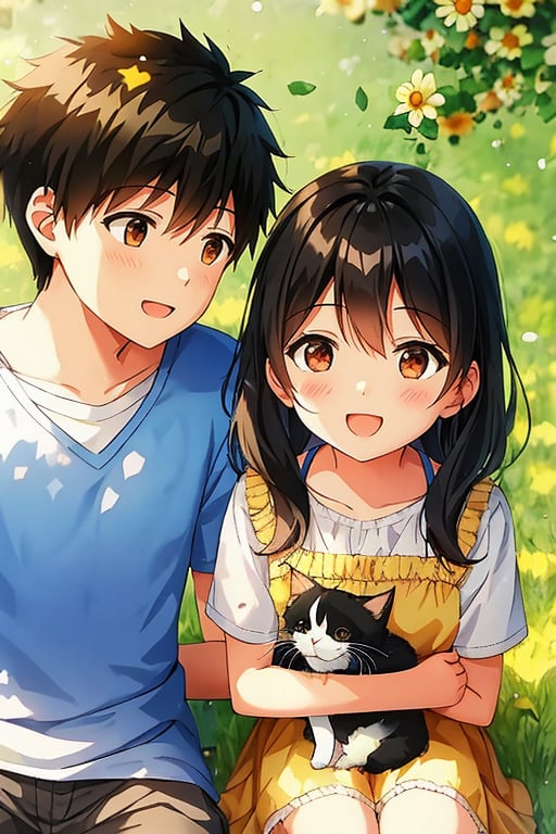 A warm and sunny outdoor scene: a girl with long brown hair and a bright smile sits beside a boy with short black hair, both wearing casual clothing. The girl holds a cat in her arms, while the boy looks at her with gentle brown eyes. In the background, a tall tree shades them from the day's sun. The air is filled with leaves rustling softly, as they sit on a grassy patch surrounded by a few scattered food items and backpacks. The girl's knees are slightly upturned as she gazes lovingly at the boy, who returns her affectionate eye contact.