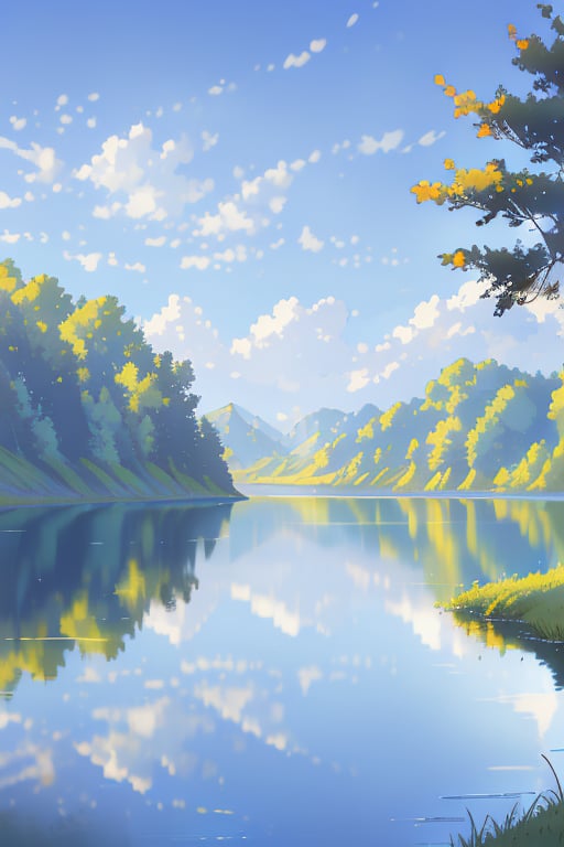 A serene landscape featuring a tranquil lake reflecting the azure sky, with soft, natural lighting. The composition focuses on the clear water mirroring the sky, surrounded by lush greenery. The scene is calm and peaceful, capturing the essence of nature's beauty.