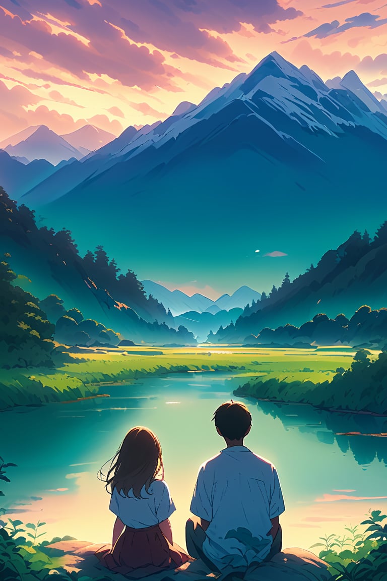 A serene outdoor setting with a mix of sunny and cloudy skies. A girl with long brown hair and a skirt sits facing away from the camera, surrounded by lush green grass and a majestic mountain range in the distance. Her shirt has short sleeves. A boy with black hair wears a white shirt, sitting beside her, also facing away from the viewer. In the foreground, a dog explores the scenic area with a tranquil lake or water feature. The framing captures the girl's profile and the boy's silhouette against the breathtaking natural backdrop.