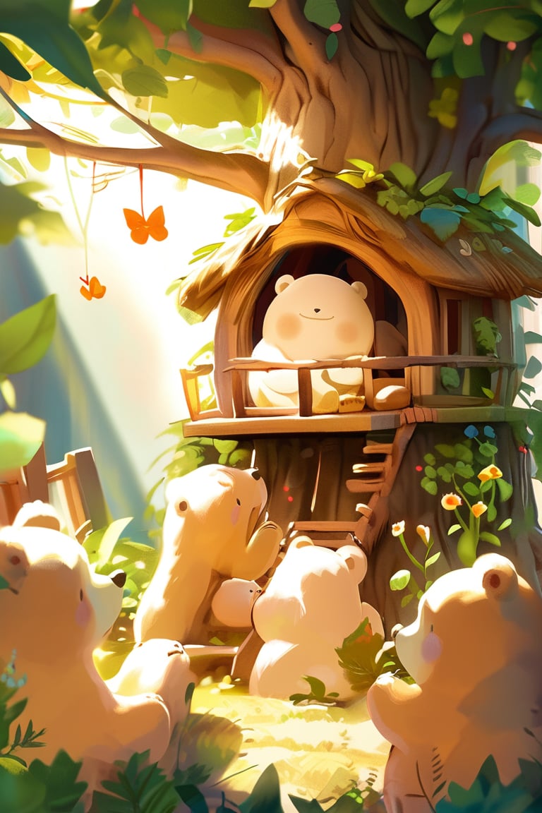 A whimsical depiction of a cuddly bear cub surrounded by its playful friends in a sun-dappled forest clearing. Morning sunlight filters through the leafy canopy above, casting a warm glow on the scene. A rustic treehouse, adorned with vines and flowers, serves as a charming backdrop for the bears' merriment. In the style of Miyagi Tatsuya, soft textures and vibrant colors bring this endearing scene to life.