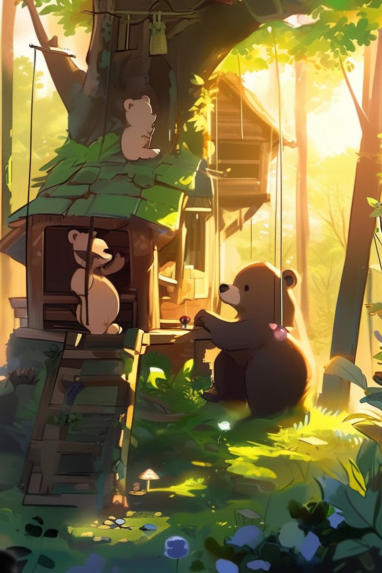 cute bear cub in a forest with his friends , morning sunlight, treehouse, cartoon style, Miyagi Tatsuya art style