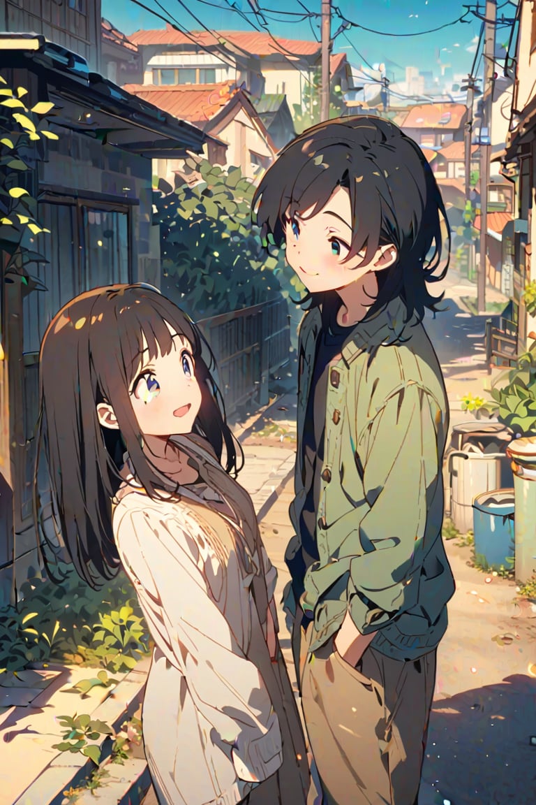 The image depicts a scene from an anime-style illustration. Two characters, likely the main subjects, are in the foreground; one appears to be a male with short black hair and the other a female with long black hair. They are smiling and seem to be enjoying each other's company. The background suggests a suburban setting with houses, power lines, and a clear sky. The color palette is vibrant with a mix of greens from the foliage, blues from the sky, and earth tones from the buildings and street. There's no text present in the image.