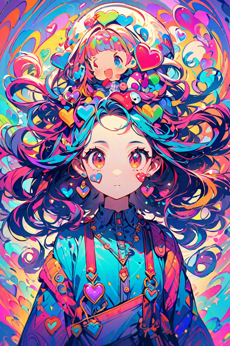 The image is a stylized illustration that features a character with exaggerated, playful facial expressions and accessories. The character's hair is adorned with multiple hearts and colorful elements, suggesting a theme of love or affection. The presence of a large heart-shaped object above the character's head further emphasizes this theme. The background is abstract, with swirling patterns and vibrant colors that complement the character's dynamic appearance. There are no indications of gender or race as the subject is an artistic representation. The overall impression is one of joy and creativity.