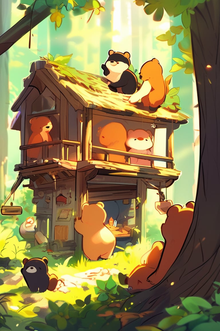 cute bear cub in a forest with his friends , morning sunlight, treehouse, cartoon style, Miyagi Tatsuya art style