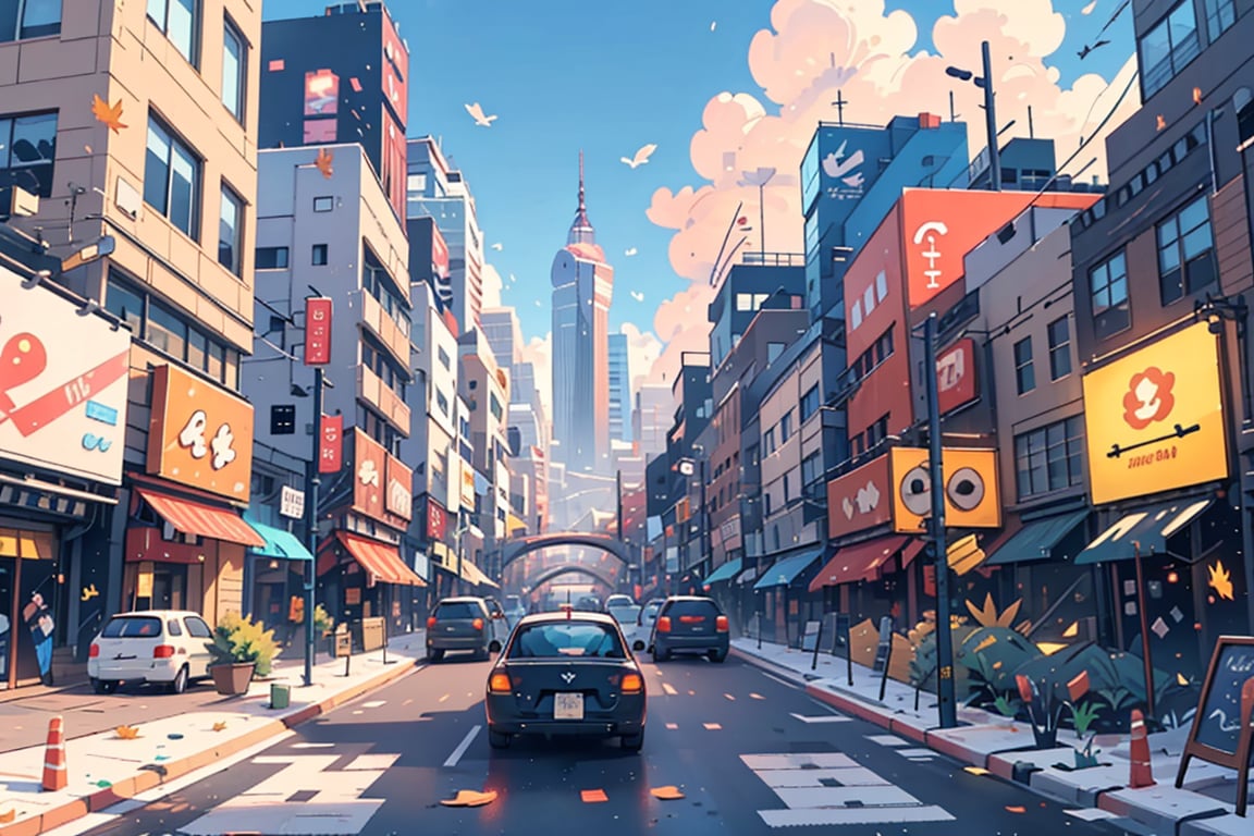 A serene autumn afternoon scene: a brilliant blue sky with puffy white clouds stretches above the urban landscape. A cityscape unfolds below, with towering skyscrapers and bustling streets. A sleek car navigates the road, flanked by a building with a neon sign and a lamppost casting a warm glow. Autumn leaves carpet the ground, while a tree stands tall in the distance. In the foreground, a motor vehicle sits idle at a crosswalk, awaiting its turn to merge into the flow of city traffic.