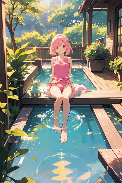 A serene summer scene: A young girl in a vibrant pink swimsuit floats effortlessly on her back at the edge of a crystal-clear pool, surrounded by a playful dog with a wagging tail and an inquisitive gaze. The warm sunlight casts a golden glow, illuminating the gentle ripples on the water's surface as she smiles tranquilly, the atmosphere radiating carefree joy, while the lush greenery and sun-kissed patio deck create a cozy ambiance.