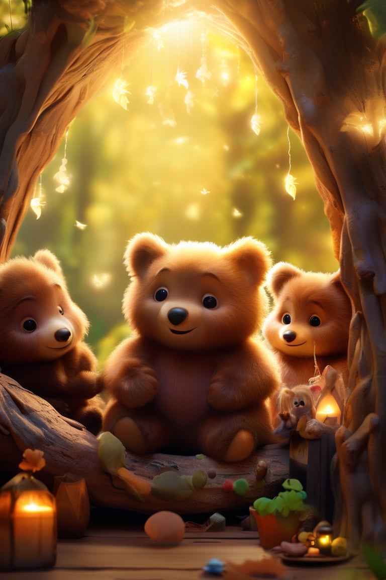 A whimsical morning scene: A tiny bear cub sits amidst chummy friends in a sun-dappled forest, surrounded by gentle warmth and soft fur fluff. The trio gathers around a cozy treehouse with colorful streamers and twinkling fairy lights, its wooden slats adorned with vibrant hues. The cub's paws dangle playfully as he gazes up at the whimsical abode, while friends snuggle close, their joyful energy bursting forth like the morning sun.