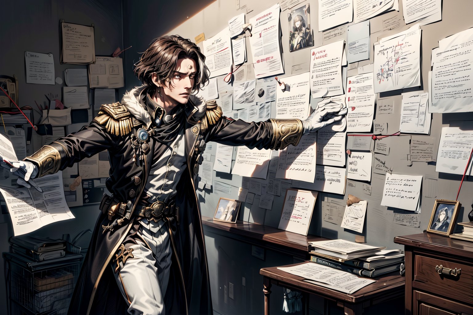 Highly detailed, High Quality, Masterpiece, beautiful,source_anime, source_cartoon, illustration, PepeSilviaMeme, lora:PepeSilviaMeme-10:1, (1boy, solo, emet selch, lora:emet_selch3-000001:1, young Solus zos Galvus, white skin, golden eyes, round gray mark in his forefront, very dark brown hair with a white streak. He dons a black military coat with white fur linings; a red sash can be seen wrapped diagonally along his torso. He also wears white gloves and black boots, close up upper body shot, exasperated expression, explaining a convoluted asian plot, extended arm, hand pressing wall, signaling a complicated diagram in a ton of paper notes pinned to the wall, pins and string lines between them, ancient script, ininteligible scribbles and notes on the margins, indoors, office, cluttered room, artificial lighting, good illumination, drawn by nomura tetsuya, lora:EMS-46474-EMS:1.000000, painstakingly detailed art, professional coloring, natural lighting, official art, perfect body, perfect hands, hand with 5 fingers, anatomically correct, natural pose, dynamic pose, thoughtful composition, best angle shot, 8K, best quality,
Negative prompt: 