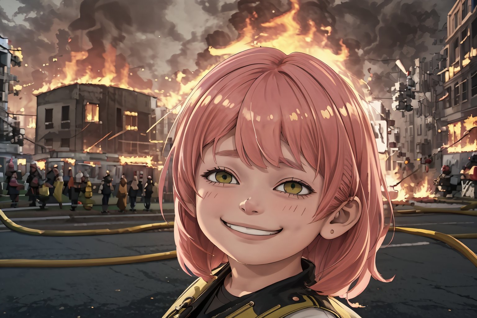 Highly detailed, High Quality, Masterpiece, beautiful, ((1girl)), solo, IncrsDisasterGirlMeme:1, fire, smile, outdoors, lora:anyav2:1>, anya \(spy x family\), lora:IncrsAnyasHehFaceMeme:1, pink_hair, female_child, child, green_eyes, open_mouth, bangs, meme, ahoge, upper_body, frown, medium_hair, grin, smug, bangs, detailed background, outdoors, 
The girl is on the right forefront of the image, (on the left side of the background behind the girl we see a burning building, firefighters, Police black and yellow line do not cross banner Barricade), best quality, 8K, thoughtful composition, professional coloring, from the side,
