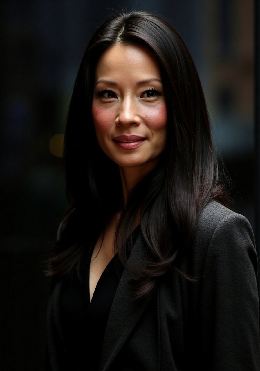 a high-quality digital painting of Lucy Liu , actress, starring in a science fiction-themed role, inspired by the style of H. R. Giger, 
known for biomechanical art. The image features intricate details, dark and surreal elements, organic shapes mixed with machinery, emphasizing shadows and contrasts.
 Evangeline Lilly is portrayed with a futuristic twist, incorporating Giger's unique aesthetic of blending the organic with the mechanical. 
The background is a dystopian setting, reminiscent of Giger's alien worlds, with eerie lighting and haunting atmosphere.
 This artwork stands out as a fusion of Evangeline Lilly's beauty with the unsettling and mesmerizing style of H. R. Giger